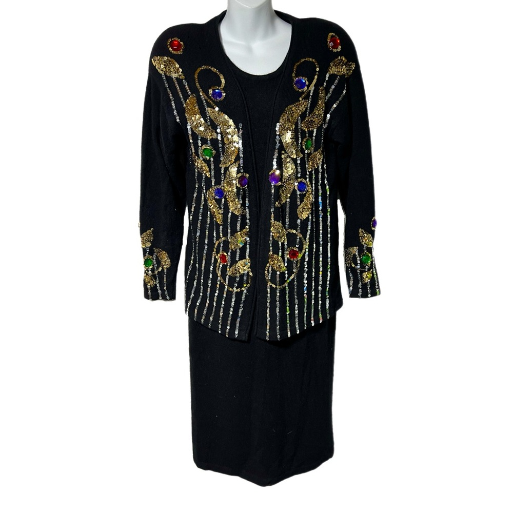 Vintage Outlander Black Sleeveless Sweater Dress Sequin Cardigan Jacket Set S